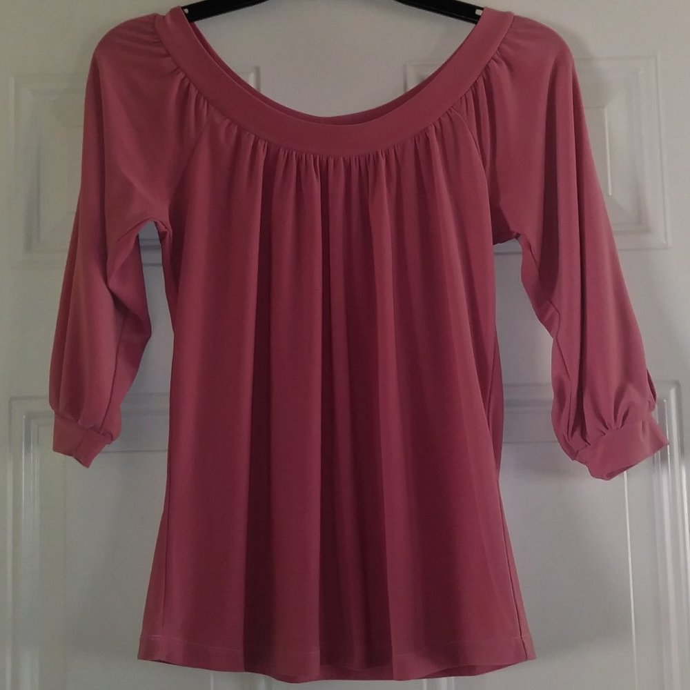 Tan color three-quarter sleeve women's blouse, size S